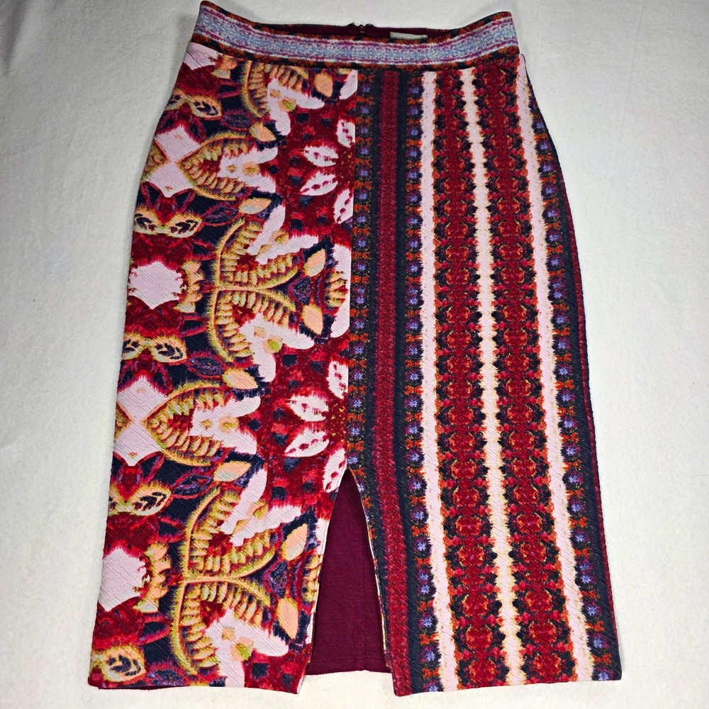 Maeve Anthropologie Marala Boho Tapestry Print Knit Pencil Skirt Sz S Front Slit